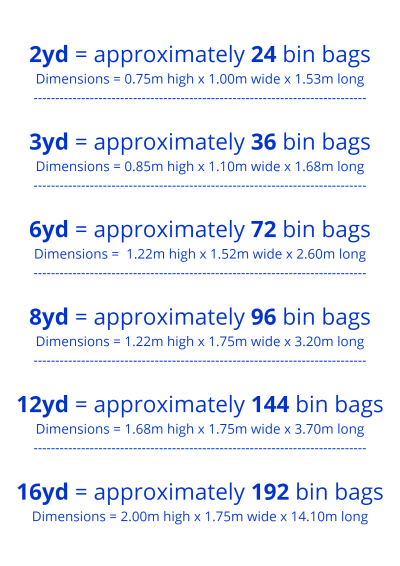Allen's Skip Hire, Ely, skip size chart.